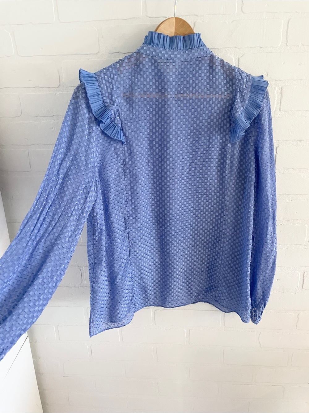 Reiss Sheer Silk Blend Ruffle Blouse Cornflower Periwinkle Blue Statement Sz 8 - Picture 10 of 16